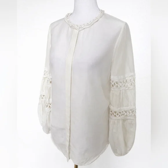 Kobi Halperin Silk Cotton Lace Sleeve Blouse Boho Romantic Top Ivory Size S